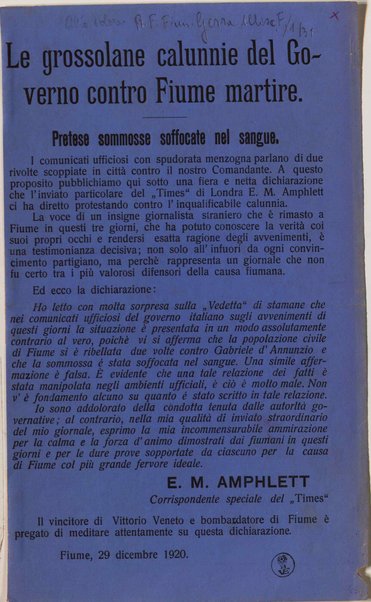 Le grossolane calunnie del governo contro Fiume martire - Volantino